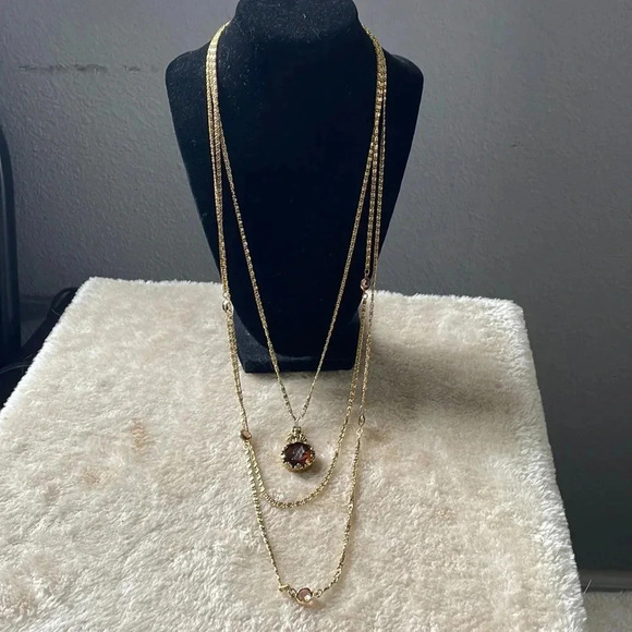Vintage Goldette Victorian triple chain rhinestone intaglio pendant necklace - Picture 1 of 7